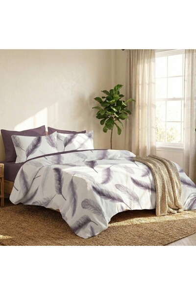 Pucioasa 6-piece fine linen double Duvet Cover Set , Purple Feathers