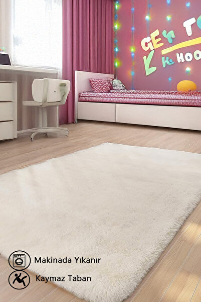 Kupon Halı Krem Dik Post Halı Peluş Yumuşak Kaymaz Dot Taban Yıkanabilir