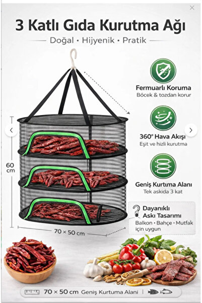 MissClean ( 3 KATLI ) Fermuarlı Meyve Sebze Kurutma Filesi | Katlanabilir Doğ...