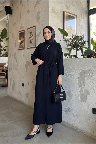 Miyasa Butik Kuşaklı Boydan Düğmeli Tesettür Elbise