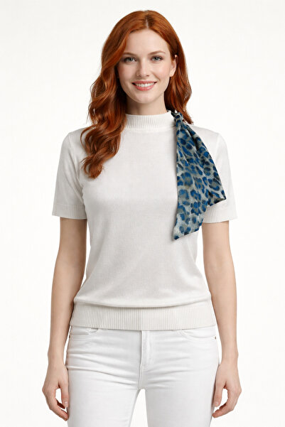 Neden Tekstil Ecru Scarf Collar Short Sleeve Knitwear Sweater