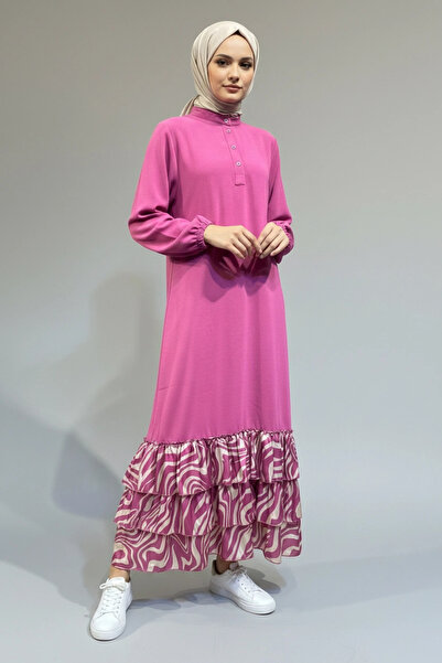 Invee Volan Detaylı Uzun Elbise - Pembe