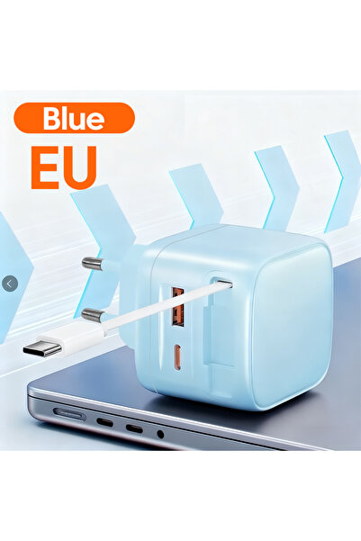 Choice3 شاحن هاتف من النوع C بمنفذ USB أزرق اللون، مزود بكابل USB-C قابل للسح...