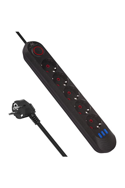Maclean Разклонител, удължителен кабел с 5 контакта + 3xUSB