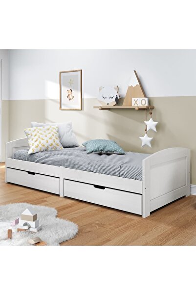 Concept Pat de zi cu 2 sertare „IRUN”, alb, 90x200 cm, lemn masiv de pin