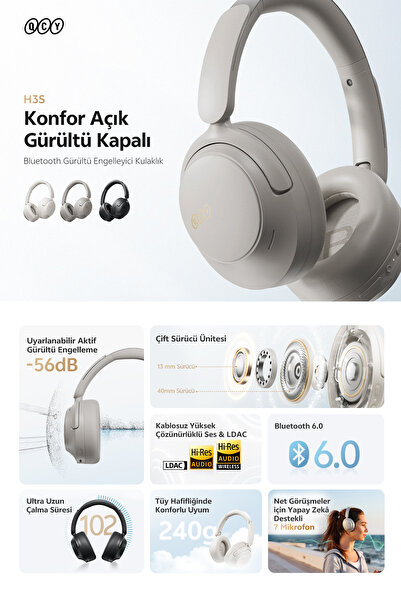 QCY H3S 6.0 Bluetooth Kulaklık Anc Hi-res Ldac Çift Sürücülü Kulaklık 7 Mics. Yapay Zeka 102 Saat Dinle