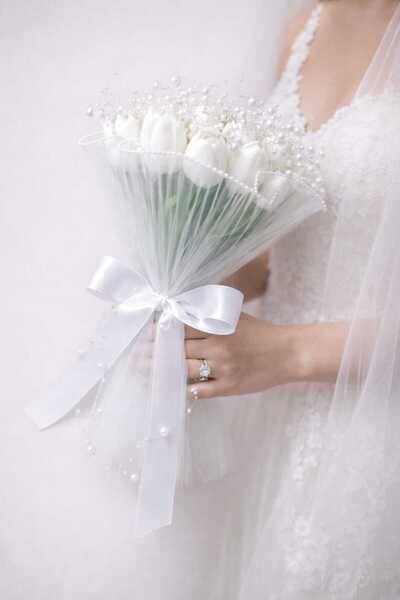 Bioren İnci Detaylı Beyaz Lale Gelin Buketi El Yapımı Nikah & Nişan Çiçeği