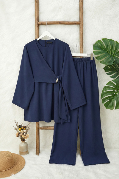 MODAQU Elastic Waist Cross-Tie Navy Blue Modal Suit