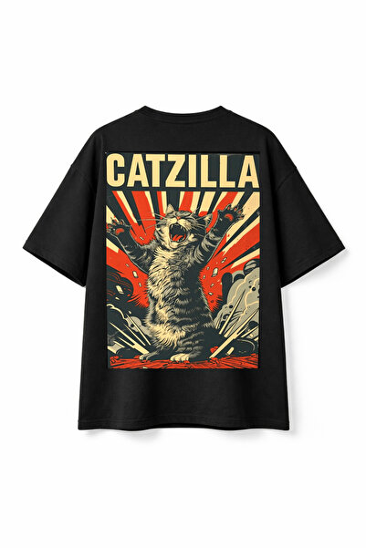 VANTINA Unisex Catzilla Printed Oversize Cotton Crew Neck Short Sleeve T-Shirt