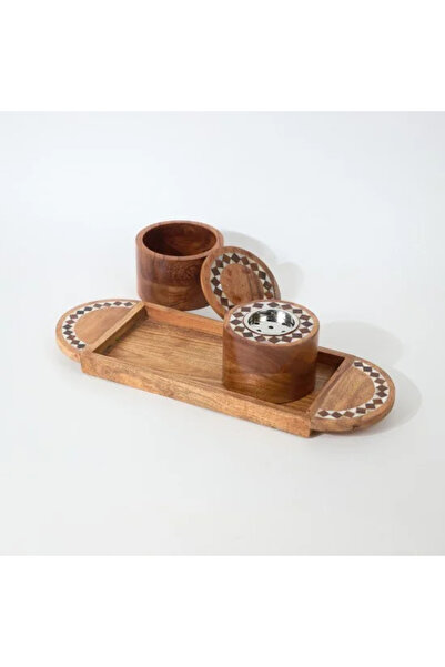 Generic Indian Wood Incense Burner Set with Box - Geometric Inlay Pattern