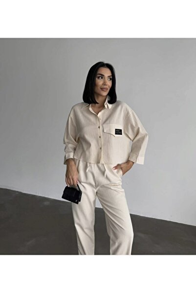 Samsara Bej Keten Kadın Gömlek (ÜRÜN TEK GÖMLEKTİR, TAKIM DEĞİLDİR)