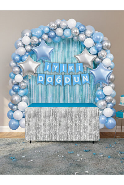 HAPPYLOOPPARTY Mavi Gümüş Doğum Günü Konsept Seti 40’lı Balon Kemeri Yıldız F...