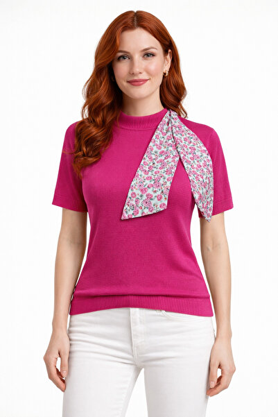 Neden Tekstil Fuchsia Scarf Short Sleeve Knit Sweater