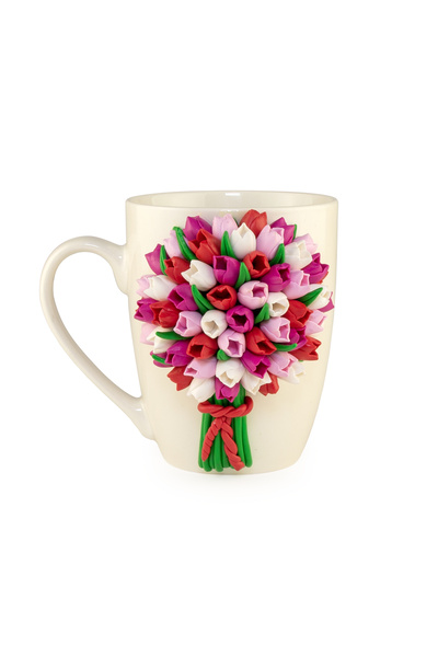Yoobirim Box Mug Decorated with Fimo Tulips Shades of Pink and White YoobirimBox