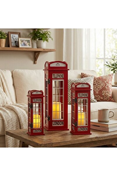 DİĞER1111 Lüks 3 lü Dekoratif Ahşap London Phone Fener Mumluk