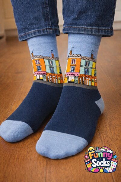 Funnysocksonline Renkli Sokak Evleri Desenli Soket Çorap – Mavi Lacivert