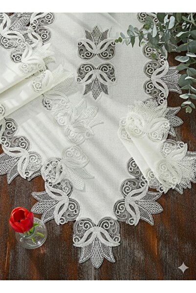 Annalisa Σετ σαλονιού Lale 5 τεμαχίων από λινό γαλλικό δαντελωτό ύφασμα χωρίς...