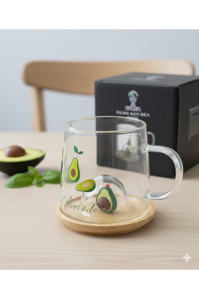 Lebron Avakado Temalı Borosilikat Cam Kupa Bambu Kapaklı
