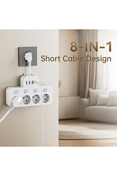 Choice قابس أوروبي أبيض - كابل قصير - أسلاك طاقة قصيرة/طويلة اختيارية مع مفات...