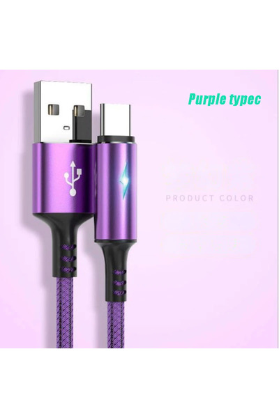 Choice كابل USB من النوع C بطول 2 متر، مزود بإضاءة LED بنفسجية، يدعم الشحن ال...