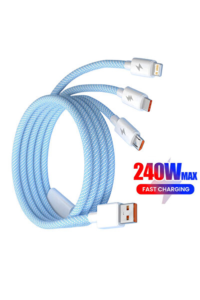 Choice كابل شحن سريع أزرق 240 واط 3 في 1 من USB إلى Type C Micro IOS، 6 أمبير...