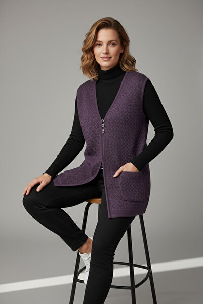 ECE GİYİM Women's Mercerized Vest with Three Button Pockets on the Front