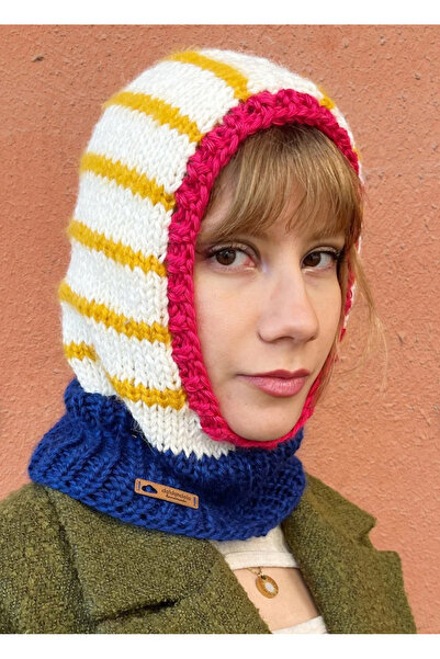 daldandala Çizgili Renkli Kadın Balaclava, Yün Akrilik Karışımı El Örgüsü Bal...