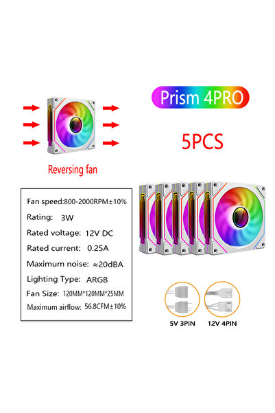 Choice7 A-RGB WHITE White Reverse 5PCS PRISM 4 PRO Computer Case Fan 120mm AR...