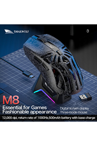 Choice3 ماوس لاسلكي SMAILWOLF M8 بتقنية بلوتوث بثلاثة أوضاع، بخطوط محيطية سود...