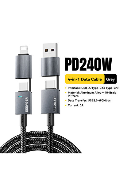 Choice كابل شحن سريع ESSAGER بطول 1 متر وقوة 100 واط، 4 في 1، رمادي اللون، مت...