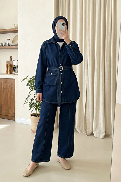 MODAQU Shirt, Trousers, Jeans Set with Bag Pockets - Navy Blue
