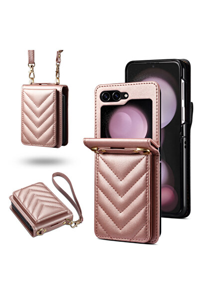 Choice12 for Samsung Z Flip 5 Case & Strap Pink Anti-Knock Wallet Cell Phone ...