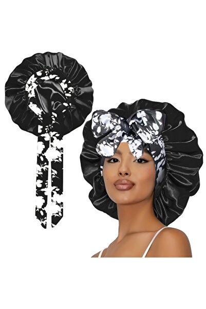 choice2 قبعة نوم نسائية سوداء مقاومة للماء من الساتان، قطعة واحدة، قابل للتنف...