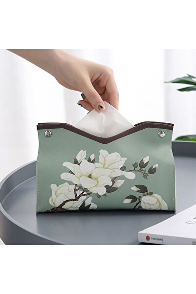 Choice1 علبة مناديل من جلد الصناعي بتصميم مزخرف بنقوش زهور الماغنوليا الخضراء...