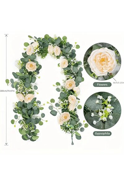 Choice أكاليل زهور بلاستيكية من الأوكالبتوس والورد بطول 70 بوصة، بلون الشمبان...