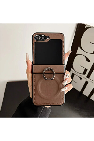 Choice15 غلاف هاتف سامسونج جالاكسي زد فليب 6 بني اللون، مصنوع من الجلد ، مزود...