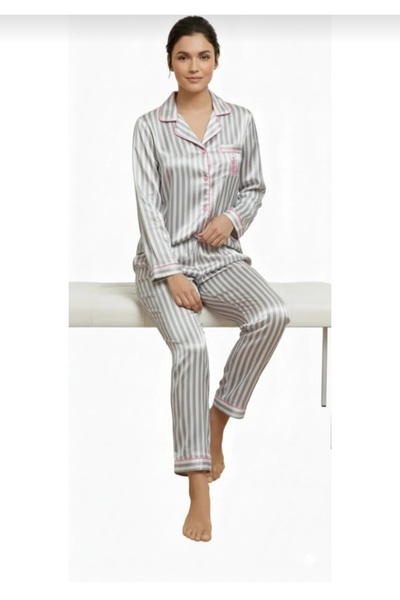 CHARM Lingerie Women's Love Secret Striped Long Sleeve Satin Pajama Set