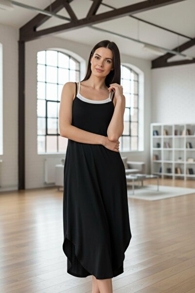Mossta Round Neck Viscose Dress with Pockets - Black