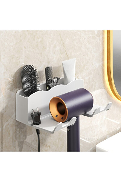 Choice3 رف تخزين مجفف الشعر White1، حامل جداري غير مثقب للحمام، رف تخزين قناة...