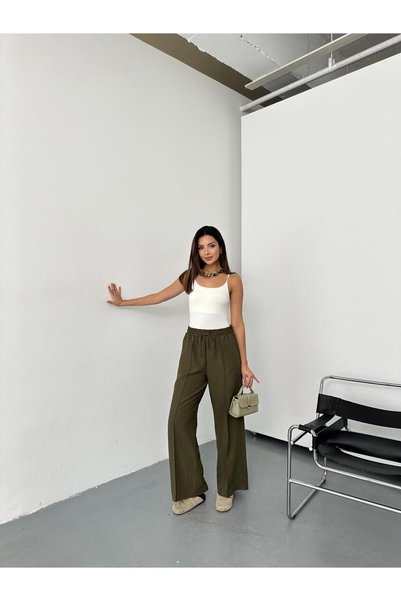 QUASAR Fashion Elastic Waist, Lace-Up, Loose-Leg Palazzo Linen Pants