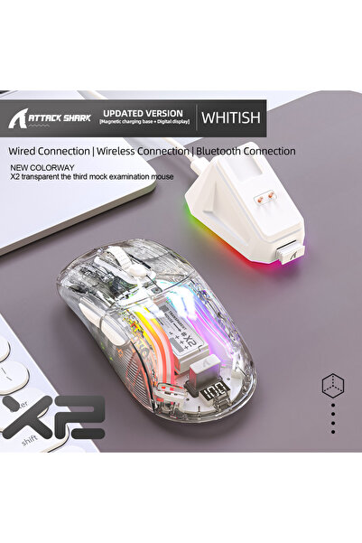 Choice1 ماوس الألعاب اللاسلكي Attack Shark X2 Pro أبيض شفاف بإضاءة RGB، بلوتو...