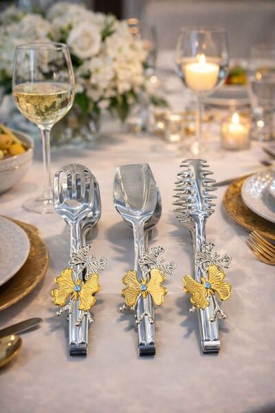 MEMİTA Gold Çiçek Detaylı Lüks Servis Maşa Seti – Dekoratif 3’lü Sunum Maşası