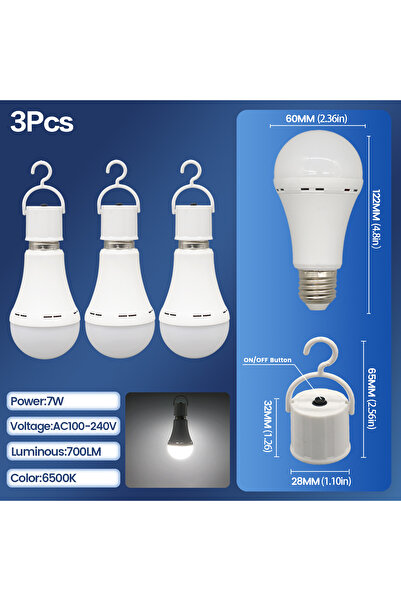 choice2 3 مصابيح طوارئ LED قابلة لإعادة الشحن E27، 7 واط، 1500 مللي أمبير، 65...