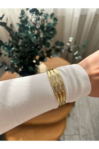 Floramour Çelik Üç Sıra Taşlı Kelepçe