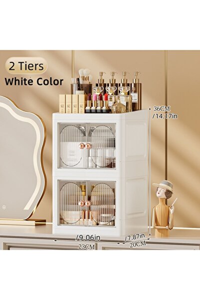 Choice4 منظم مكياج مكتبي قابل للطي أبيض اللون، مكون من طبقتين، خزانة تخزين مت...