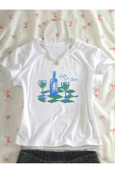 WESTİMO Women's White Vino Goblet Printed Crew Neck Slim Crop Tshirt