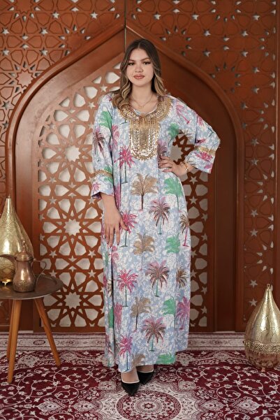 AFandina Palm Oasis Jalabiya – Luxurious Gold Embroidery SM-76