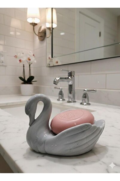 abnturk Kuğu Figürü Zarif Gri Sabunluk porselen Görünümlü Sert Plastik