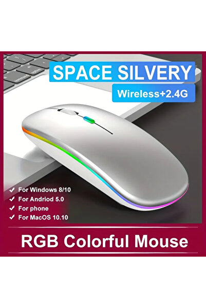 Choice1 ماوس ألعاب لاسلكي فضي اللون بإضاءة RGB، قابل لإعادة الشحن بتردد 2.4 ج...