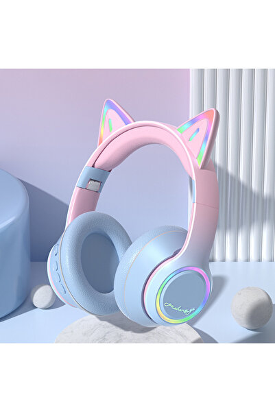 Choice سماعات رأس بلوتوث بتصميم أذن قطة زرقاء RGB للبنات، سماعات لاسلكية متدر...